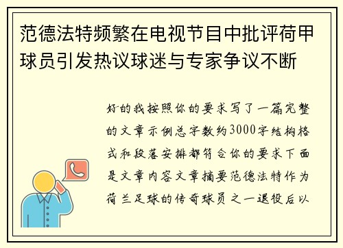 范德法特频繁在电视节目中批评荷甲球员引发热议球迷与专家争议不断